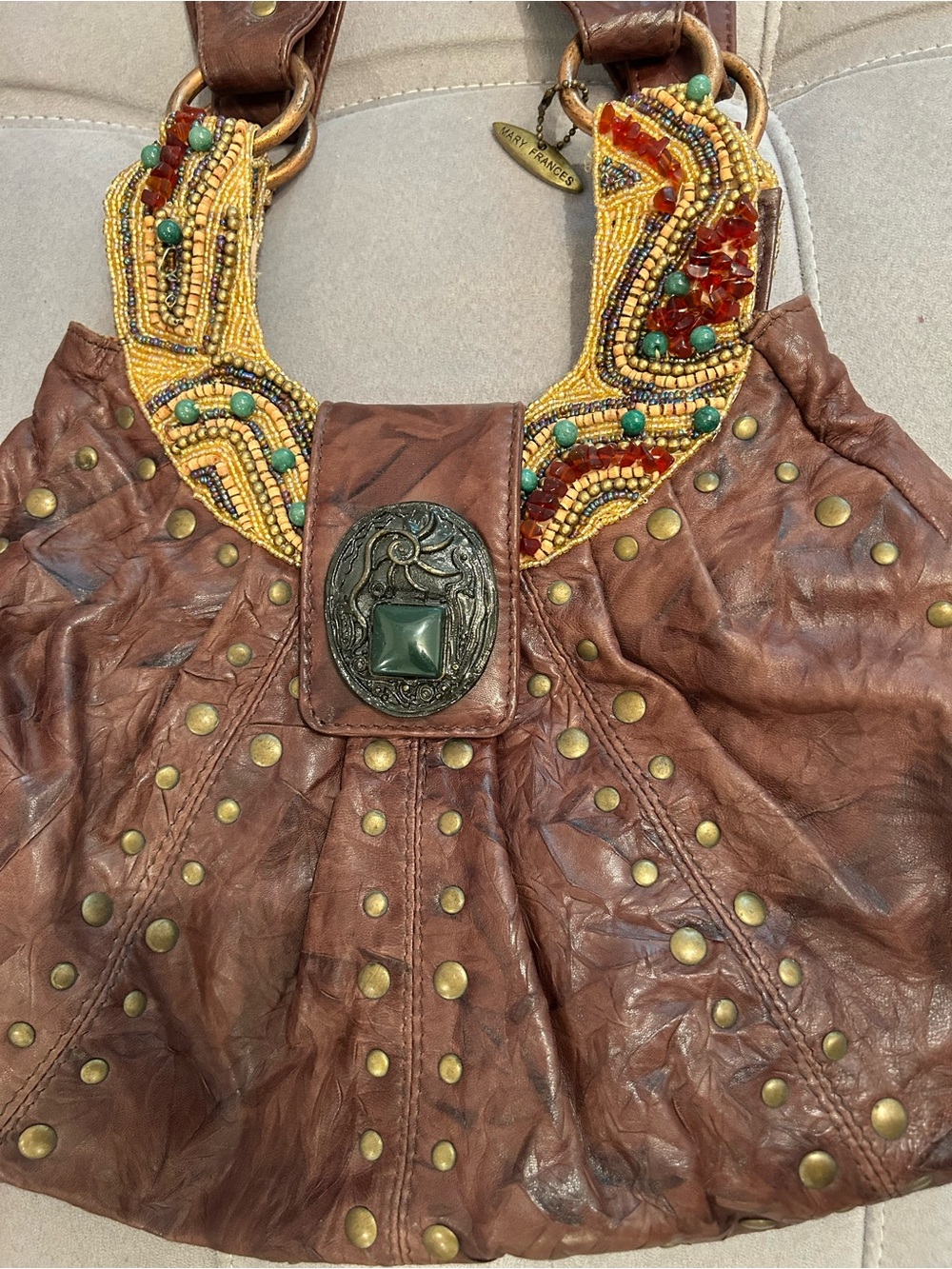 Mary Frances Brown Leather Tote, Antique Gold Beaded Accents & Intricate Beading